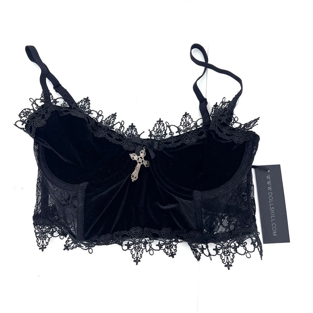 Widow Dolls Kill Black Velvet Lace Cross Bustier Crop Top Small NWT Gothic Alt